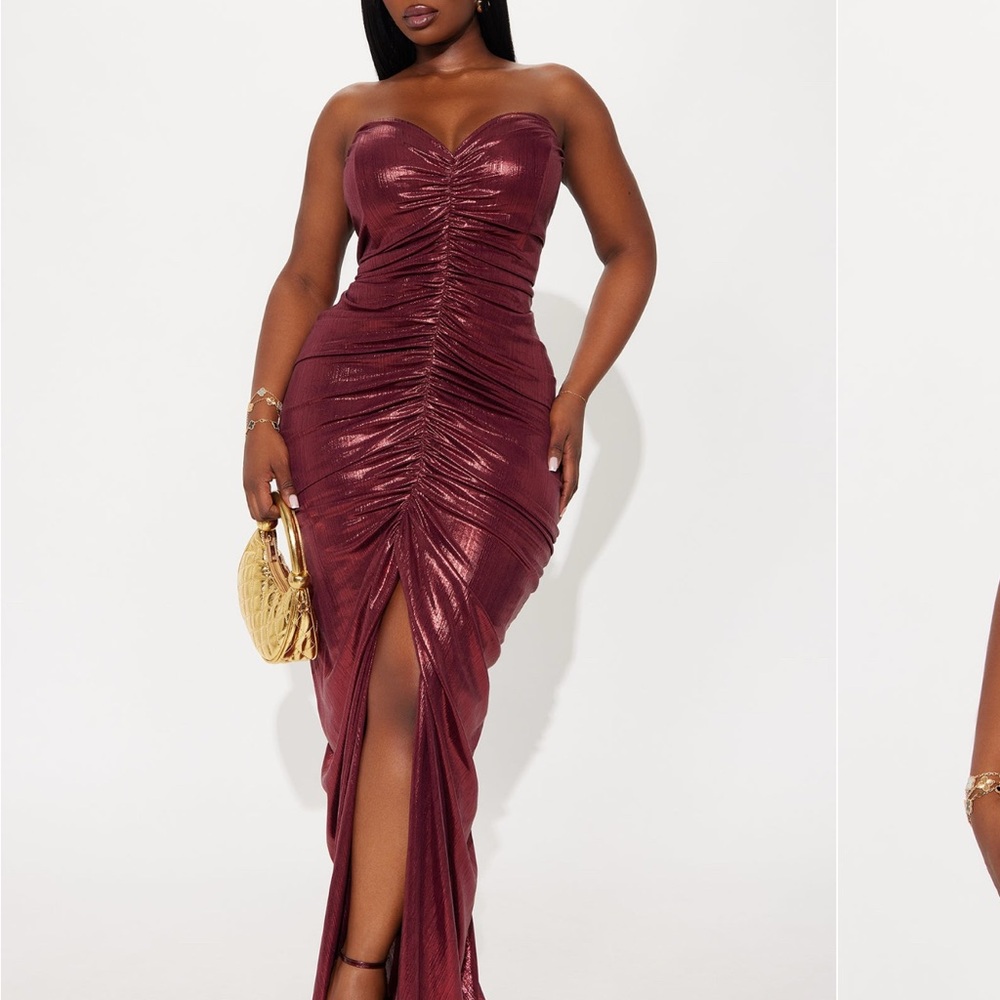 Fashion Nova Shimmering Burgundy Strapless Dress